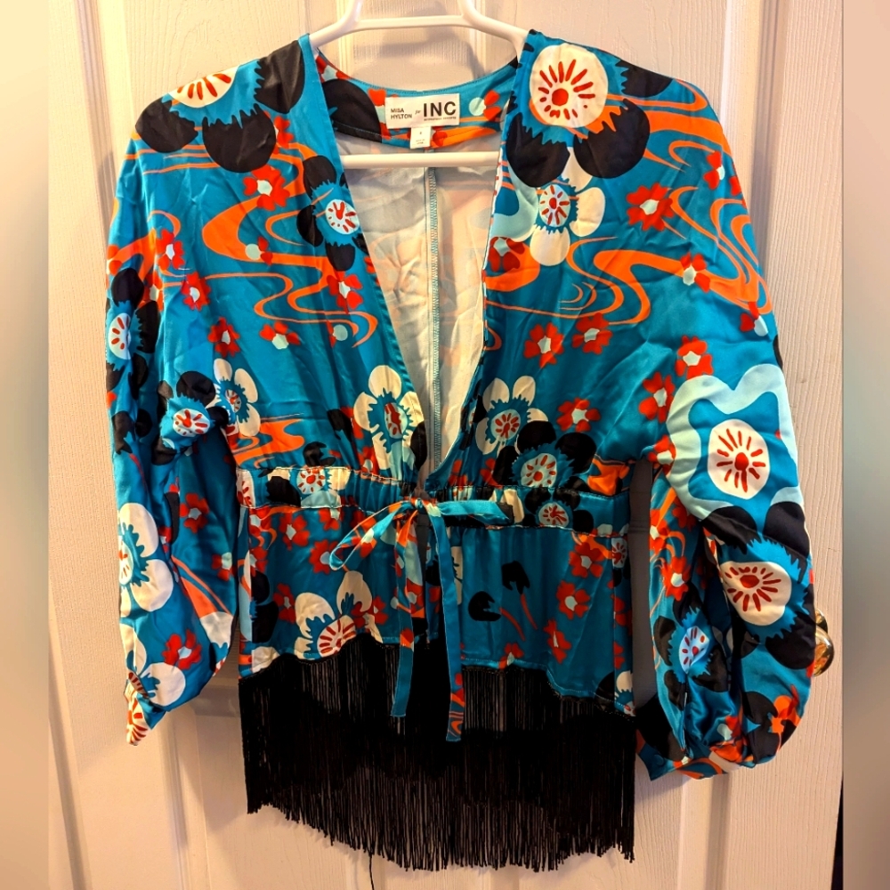 INC Floral Kimono Jacket with Fringe Hippie Style